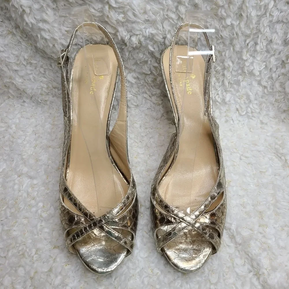 Kate Spade‎ Metallic Gold Slingback Peep-toe Heels sz 9.5